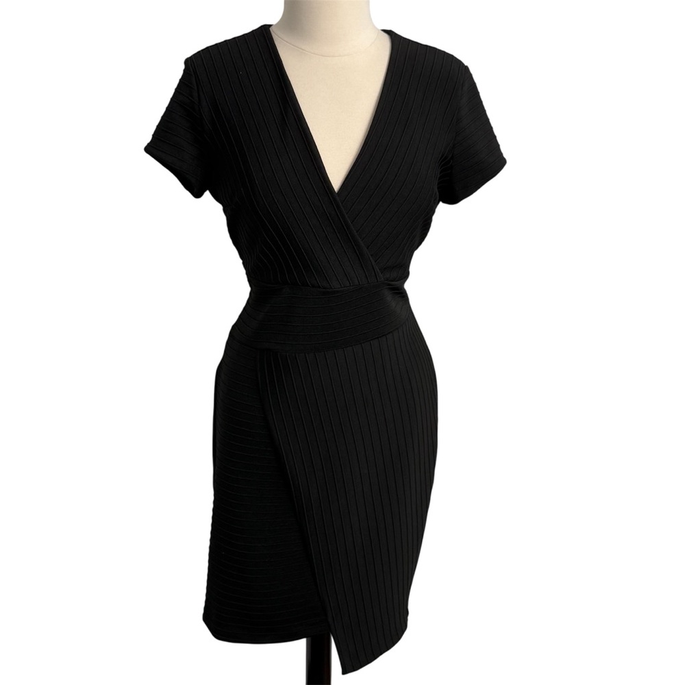 Cato Women's V-Neck Short Sleeve Ribbed Midi Asymmetric Dress, Black, Size 12